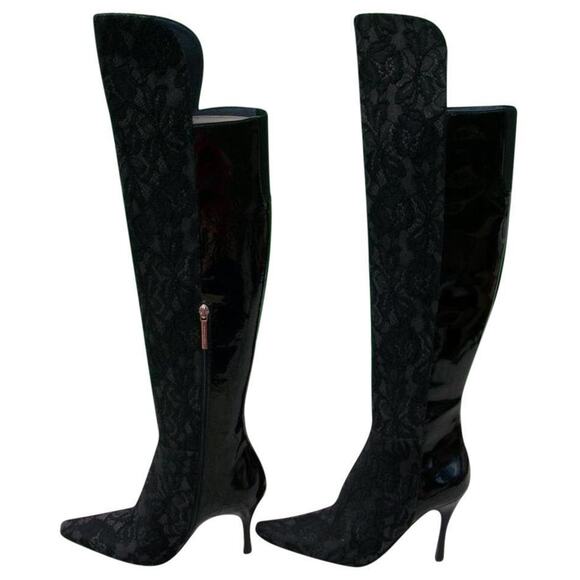 Donald Pliner Black Lace Patent Leather Boot Shoe New Over The Knee $695 NIB - Picture 1 of 6